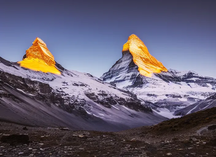 Prompt: photograph of the matterhorn, morning light, landscape photography, award winning, canon, soft lighting, sony, nikon, 4 k, hd