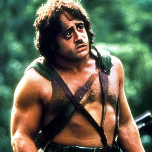 Image similar to A still of Danny Devito as Rambo in Rambo First Blood (1982)