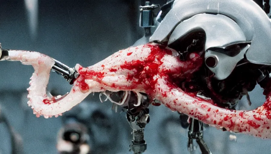 Image similar to Big budget horror movie, a squid bloodily decapitates a cyborg