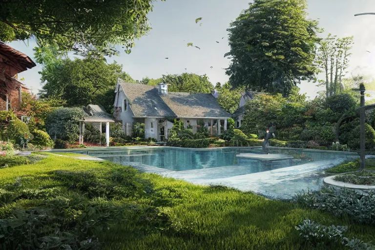 Prompt: serene garden with pool and a house in the background, hyper realistic, ambient lighting, concept art, intricate, hyper detailed, smooth, dynamic volumetric lighting, octane, raytrace, cinematic, high quality, high resolution, 4 k, cgsociety, rutkowski, gurney
