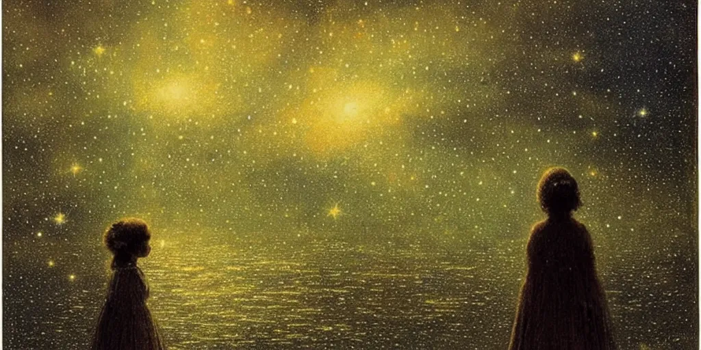 Image similar to the sky is a starry sky, gorgeous nebula is born, big scene, below is a very small girl standing in a star - like water, the girl is wearing a gorgeous dress, golden, gorgeous, shocking, like the universe ， trending on john atkinson grimshaw