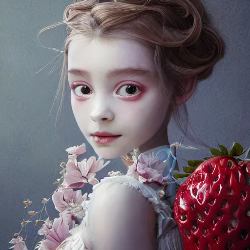Image similar to the portrait of the absurdly beautiful, graceful, elegant, sophisticated, fashionable little girl made of strawberries and white petals looking down, an ultrafine hyperdetailed illustration by kim jung gi, irakli nadar, intricate linework, bright colors, octopath traveler, final fantasy, unreal engine 5 highly rendered, global illumination, radiant light, detailed and intricate environment