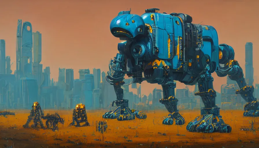 Image similar to an intricate oil painting of a giant south african armored cheetah shaped scrap metal mecha by simon stalenhag, yellow, orange and cyan paint decals