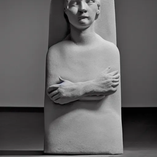 Prompt: single clay museum sculpture, no pedestal, symbolic representation of restraint, in a large hall, ambient lighting, single bright spotlight, black - and - white museum catalog photograph