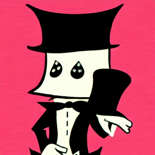 Prompt: a small vampire with a top hat in the style of cupehead old cartoon