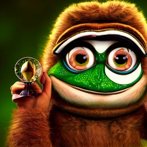 Image similar to very very very very cute chibi Pepe, portrait, pixar style, forest background, cinematic lighting, award winning creature portrait photography