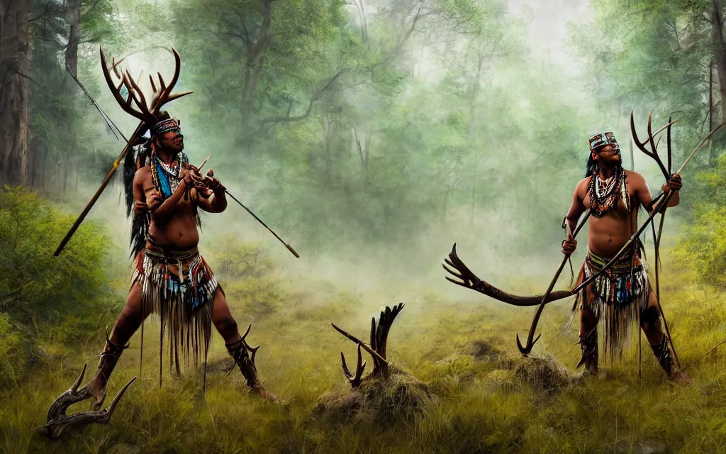 Prompt: Native Indian hunter with tribal war paint in the foreground, crouched in long grass, holding a longbow, viewing an elk with antlers drinking water from a flowing creek in a verdant woodland forest, detailed digital matte painting, art by Andree Wallin