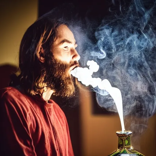 Prompt: jesus christ exhaling a huge smoke cloud from his holy bong, award winning candid photography