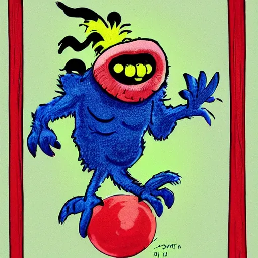 Prompt: “The Gronk, a cute monster by Dr. Seuss, is performing a somersault on a ball, illustration by Dr. Seuss”