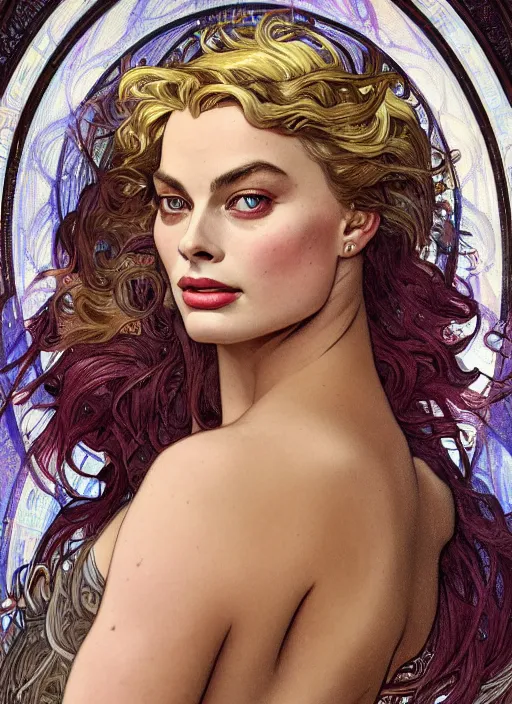 Image similar to Margot Robbie as God of Beauty, cute, fantasy, intricate, elegant, highly detailed, digital painting, 4k, HDR, concept art, smooth, sharp focus, illustration, art by alphonse mucha,artgerm, H R Giger