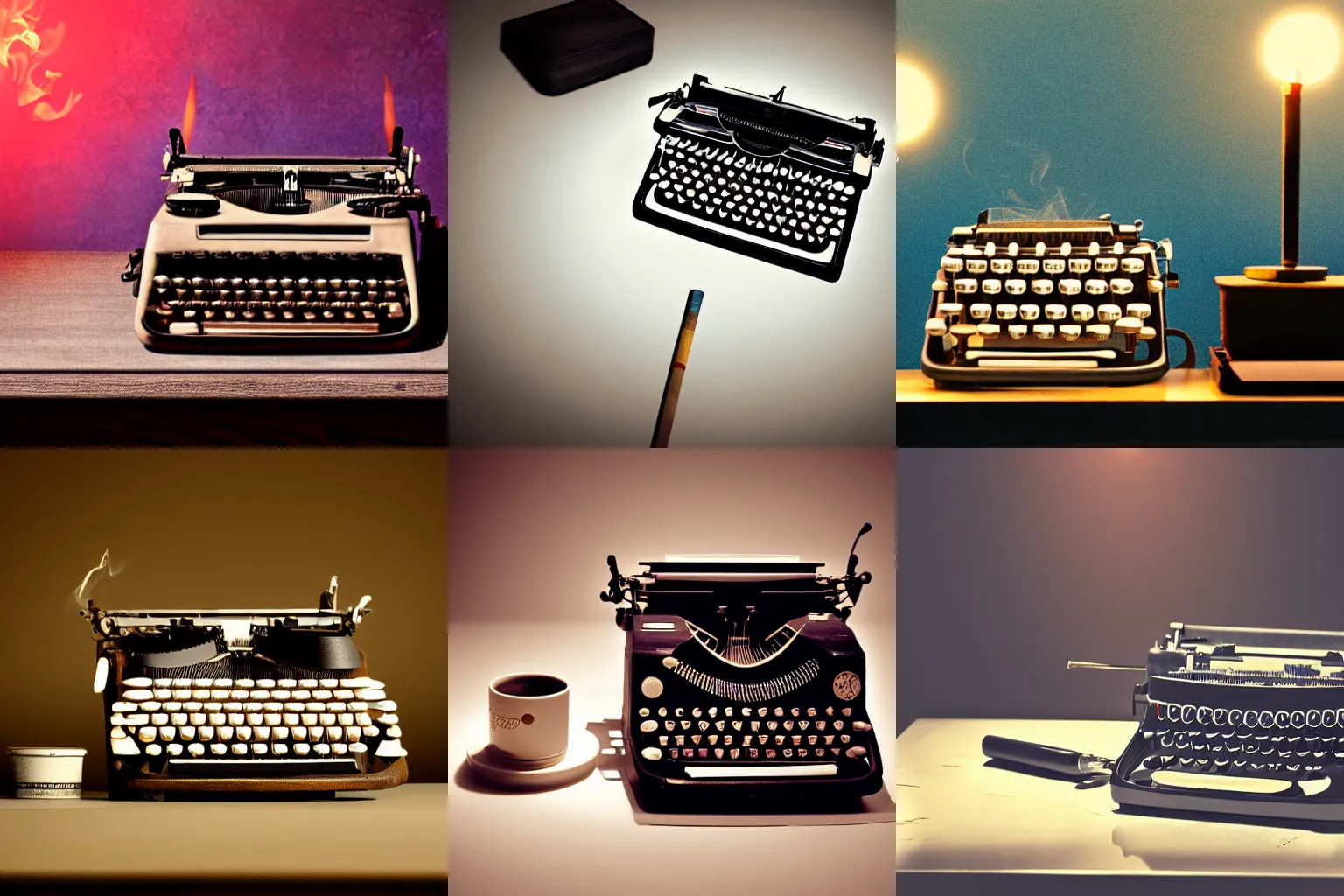 Prompt: digital art of a typewriter and an ashtray with lit cigarette standing on a desk, atmospheric lighting