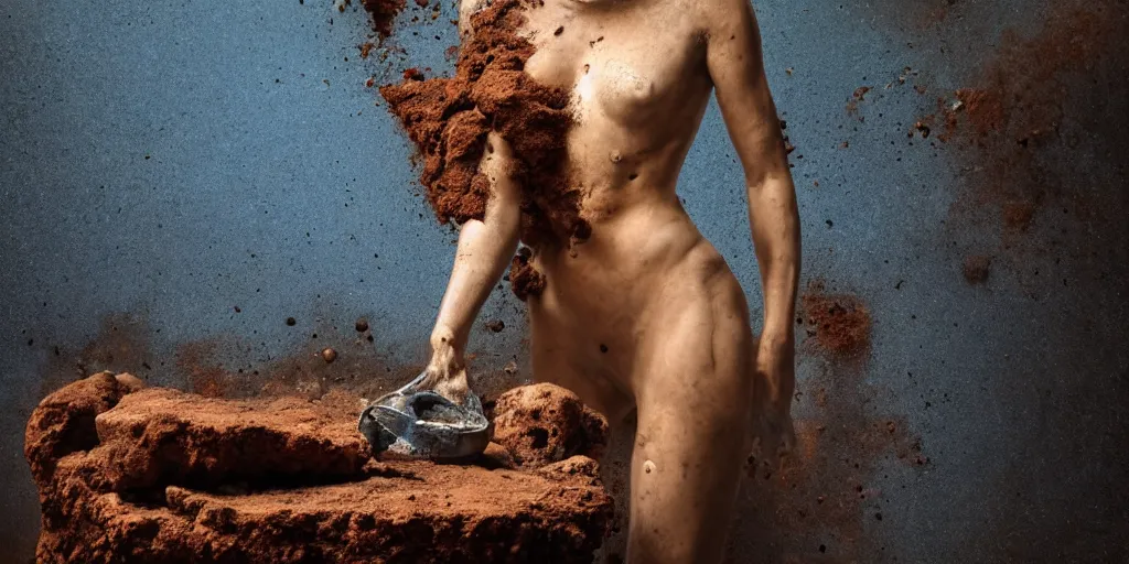 Prompt: highly detailed photography of a woman made of rust clay and wet rocks, hand gesture, sharp focus, dust particles, dirt, dramatic scene, aesthetic, dynamic lighting, elegant, harmony, masterpiece, by roberto ferri, blue background, high quality, spatula