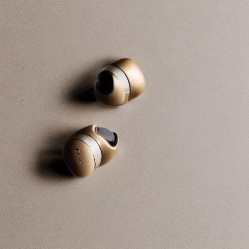 Image similar to a single beige truly wireless earbud with gold accents, beige case, studio, product photo