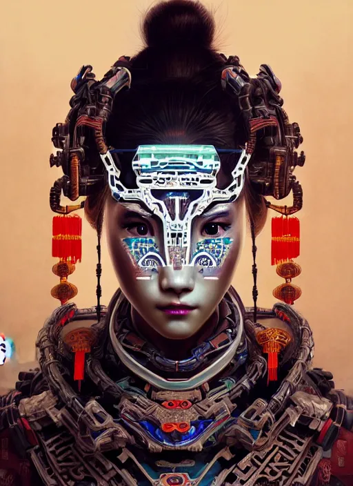 Image similar to portrait of a machine from horizon zero dawn, machine face, upper body, decorated with chinese opera motifs, asian, traditional chinese art, intricate, elegant, highly detailed, digital painting, artstation, concept art, smooth, sharp focus, illustration, art by artgerm and greg rutkowski and alphonse mucha, 8 k