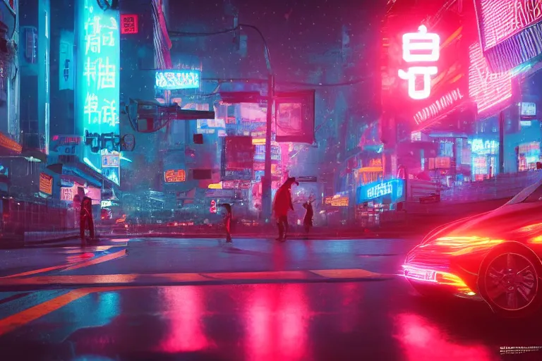 Prompt: cinematic wide angle shot of a neon cybernectic chinese dragon, midnight city lights, rain puddles, strong bokeh, dramatic lighting, unreal engine, cgsociety, artstation, 4k