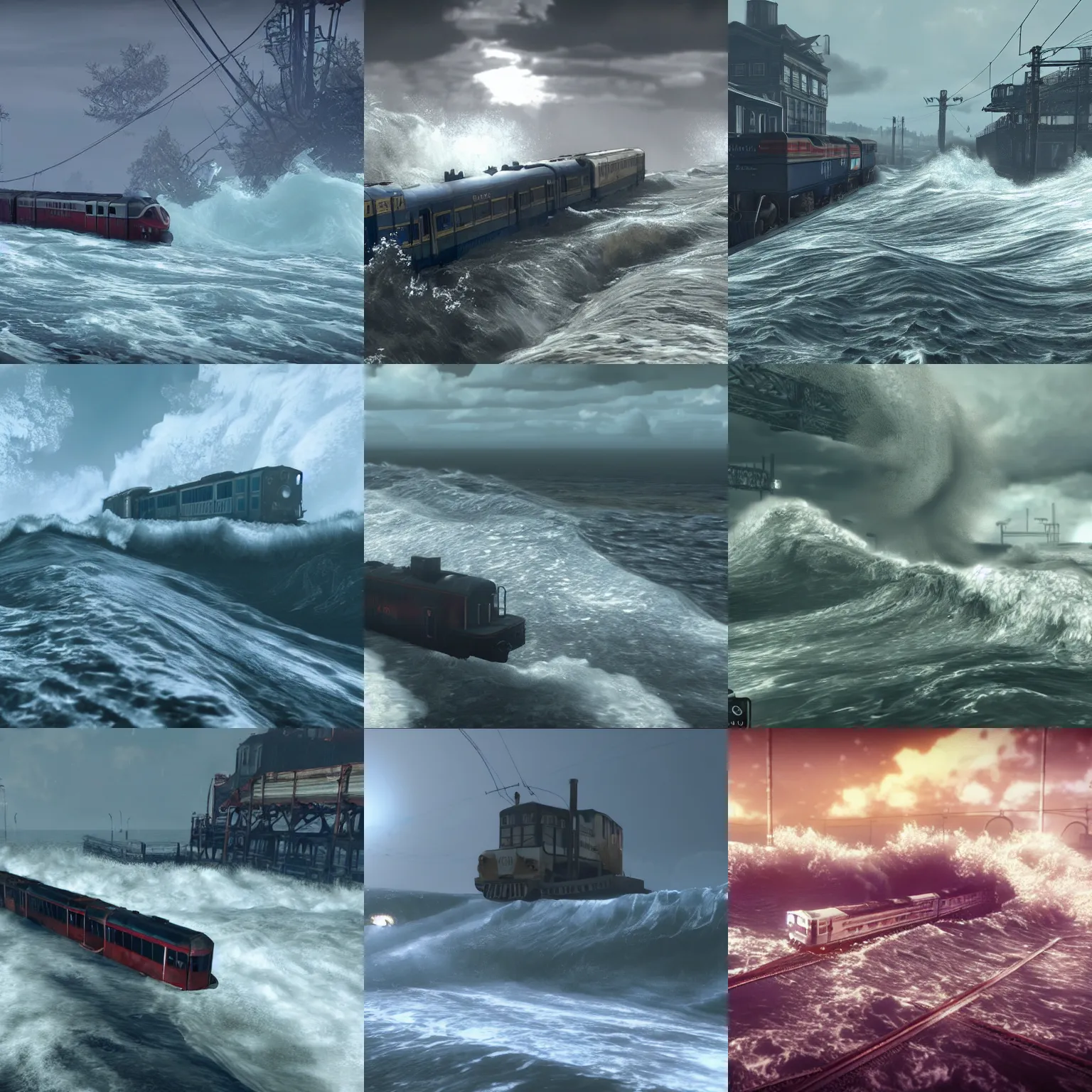 Prompt: a train in the middle of a large wave, symbolism, ominous vibe, screenshot from fallout 4