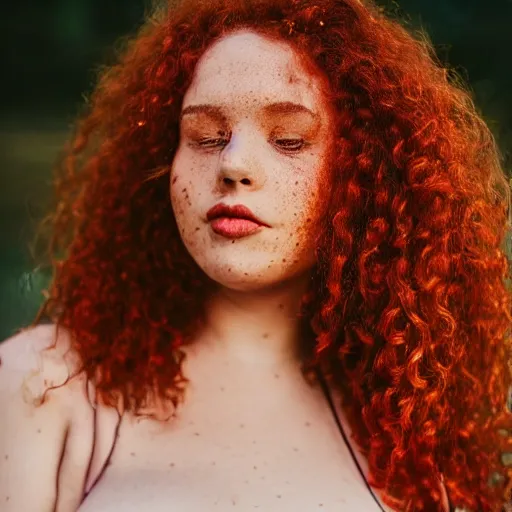 Prompt: DSLR photography medium closeup of a gorgeous red haired woman with big curly hair and freckles, curvy figure wearing dress with flower print, trending on instagram, golden hour, warm lightroom preset