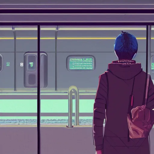 Image similar to a man waiting for a train at a train station, cyberpunk art by tomer hanuka, cgsociety, photorealism, matte drawing, digital illustration, digital painting