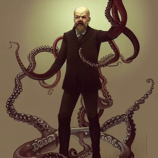 Prompt: photo of vladimir lenin as humanoid octopus with tentacles beard hybrid were a heroic dress an armour in the forest, highly detailed, digital painting, artstation, smooth, sharp focus, illustration, art by artgerm and greg rutkowski and alphonse mucha