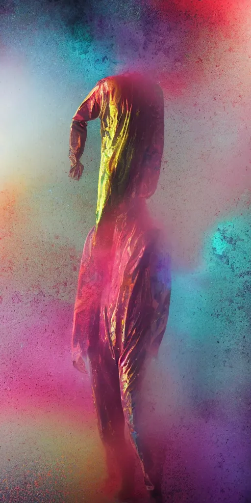 Image similar to faceless man in a multicolored metallic suit, hidden behind torn cloth swirling violently, abstract cloth simulation, tattered fabric, rags, ragged, ephemeral, gradients, hyperdetailed, hyper realistic, Cozy, soft light, caustic, atmospheric fog, Octane Render, cinematic