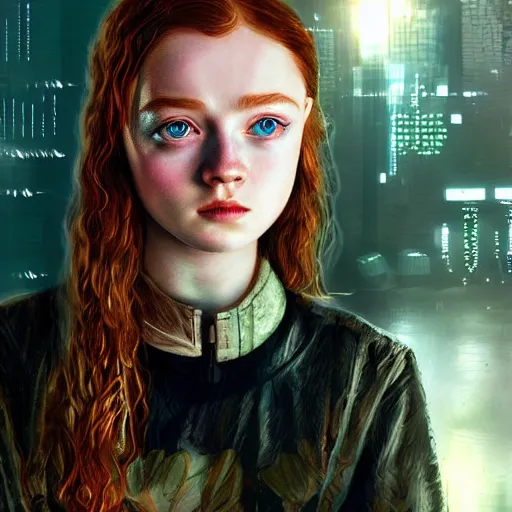 Image similar to sadie sink in cyberpunk style digital art very detailed 4 k detailed super realistic