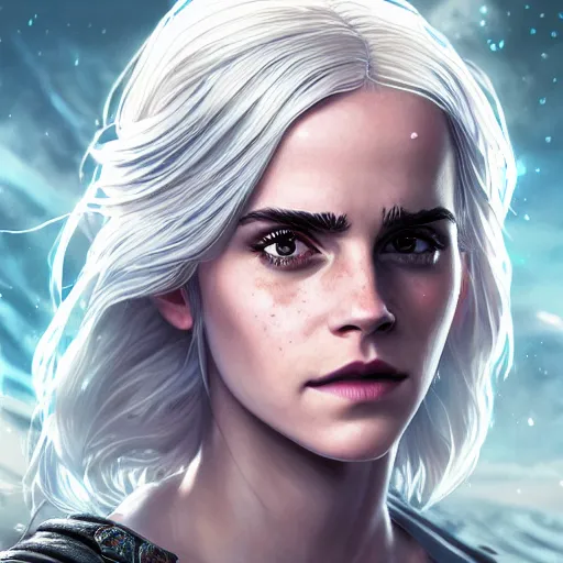 Prompt: a detailed matte portrait of emma watson dressed at ciri from the witcher, scar over green eye, long white hair, art by dan mumford and yusuke murata and makoto shinkai and ross tran, cosmic, heavenly, god rays, intricate detail, cinematic, 8 k, cel shaded, unreal engine, featured on artstation, pixiv
