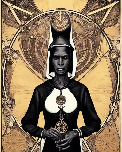 Image similar to a detailed portrait illustration of a steampunk wizard - nun. beautiful black female face, large chest. art nouveau, pop art, comic book style. influenced by neil gaiman, h. p. lovecraft, dan mumford, brian froud, vadim voitekhovitch, killian eng, ross tran.