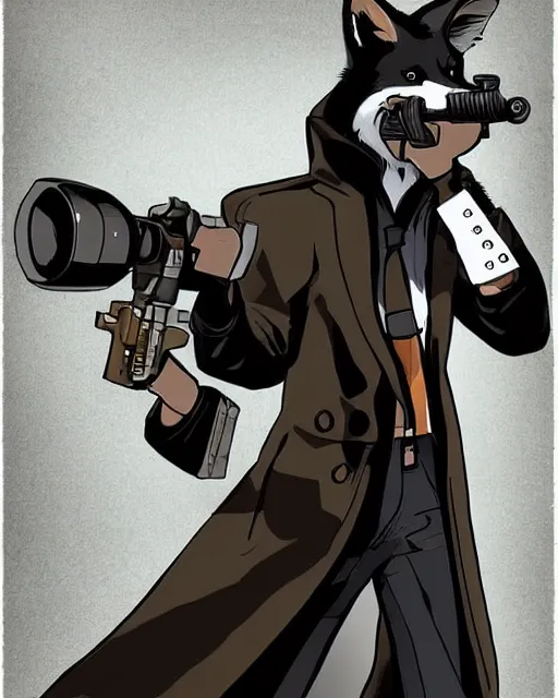 Image similar to a fox wearing a black trench - coat holding a mini - gun, comic art style, digital art,