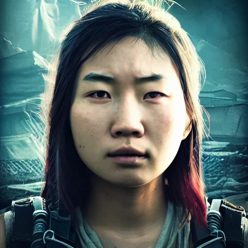 Prompt: photographic portrait of a young asian women in apocalypse, last days on earth, highly detailed, 8 k, cinematic lighting