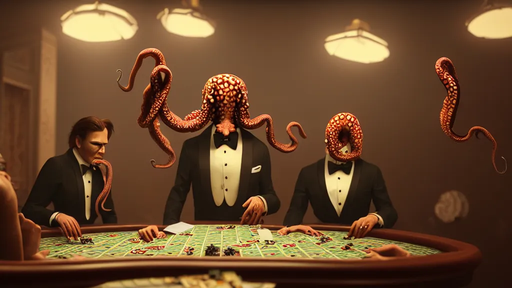 Image similar to hyperrealism simulation highly detailed human octopuses'wearing detailed tuxedos and smoking, playing poker in surreal scene from cyberpunk movie from future by wes anderson and denis villeneuve and mike winkelmann rendered in blender and octane render