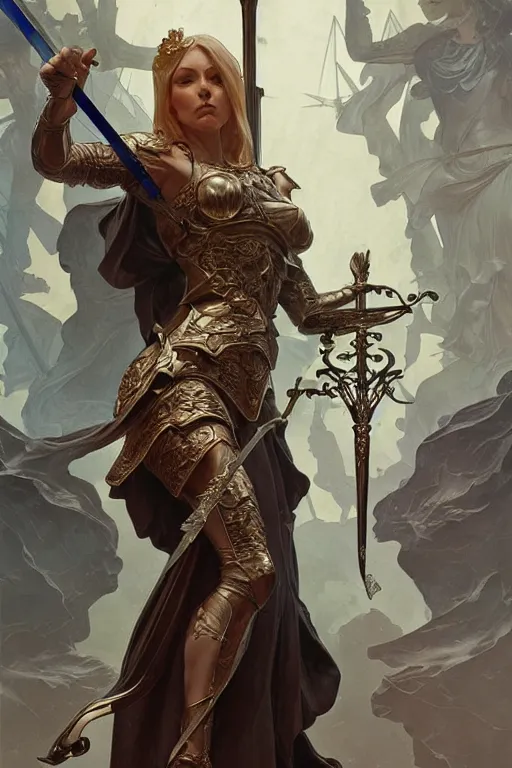 Image similar to blind lady justice holding scale and sword, fantasy, intricate, elegant, highly detailed, digital painting, artstation, concept art, matte, sharp focus, illustration, art by artgerm and greg rutkowski and alphonse mucha