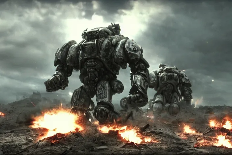 Prompt: VFX movie of futuristic cybernetic beast monsters fighting space marines lunging, war zone, battlefield, debris, fire , natural lighting by Emmanuel Lubezki