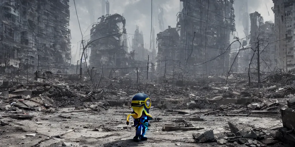 Image similar to one giant minion in the middle of the ruins of cyberpunk moscow after the bombing, a minimum of surviving houses, a dim sky, a dead city