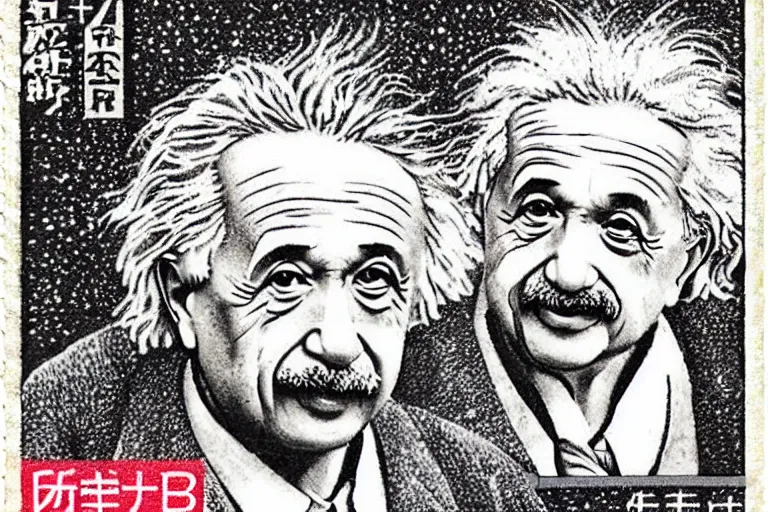 Image similar to engraved japanese postage stamp of albert einstein with theory of relativity, detailed!!! color engraving in the style of a postage stamp, fine!!! lines