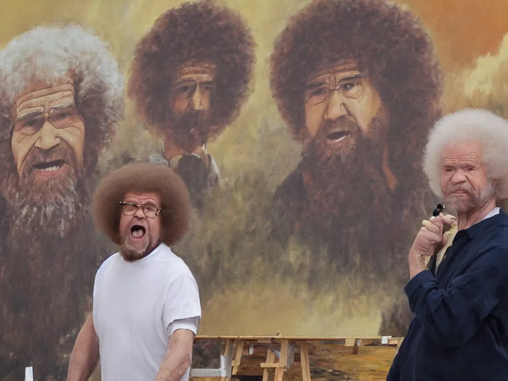 Image similar to old bob ross is sad and angry and yelling at a huge painting by bob ross