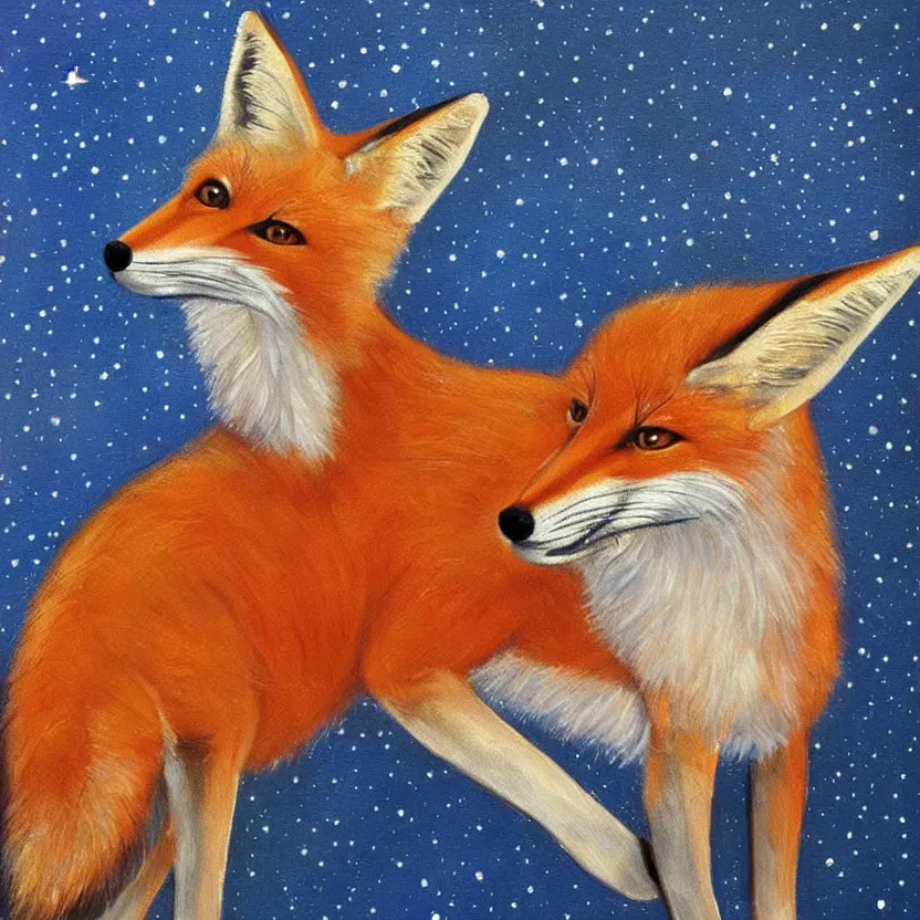 Image similar to a centred painting of a fox looking up at the stars in the style of Starry Night, highly detailed