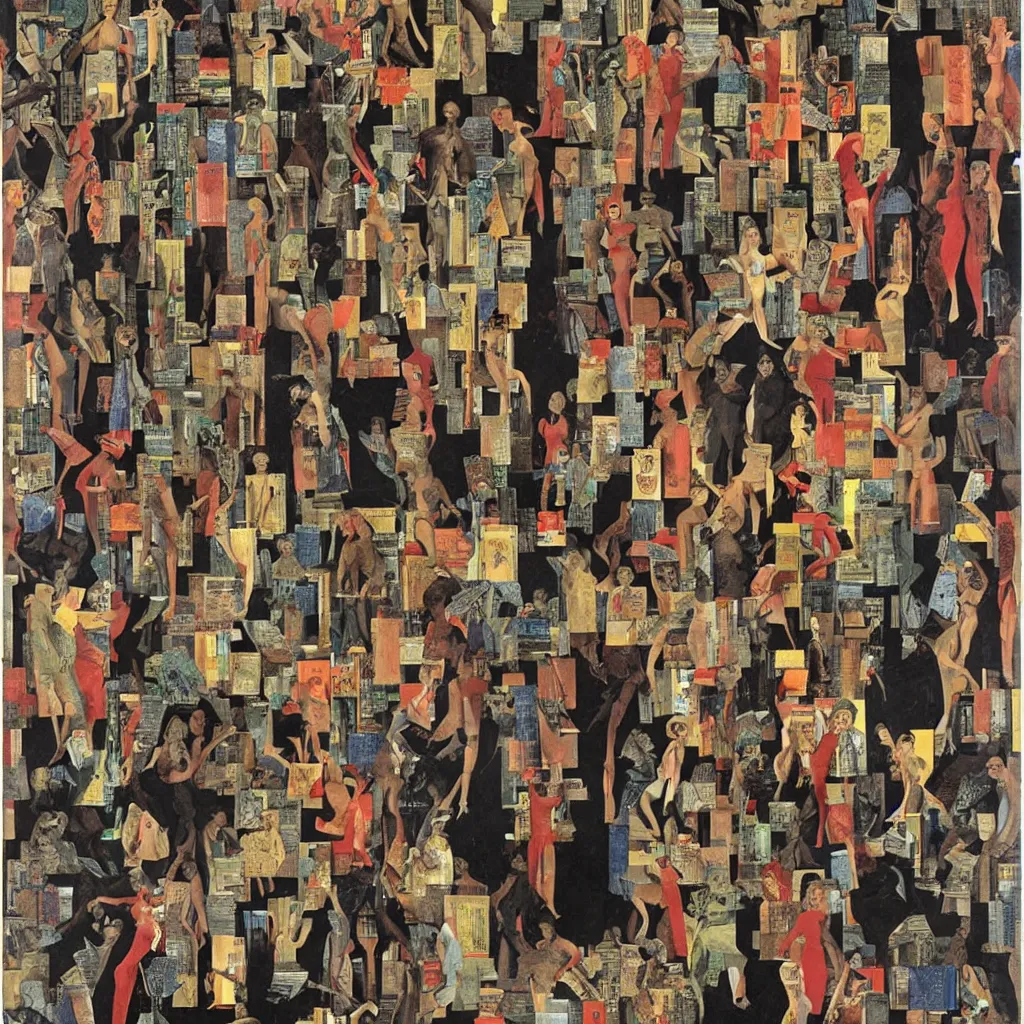 Prompt: A 100-headed woman reads 100 books in the style of the 100-headed woman by Max Ernst, collage, 1929