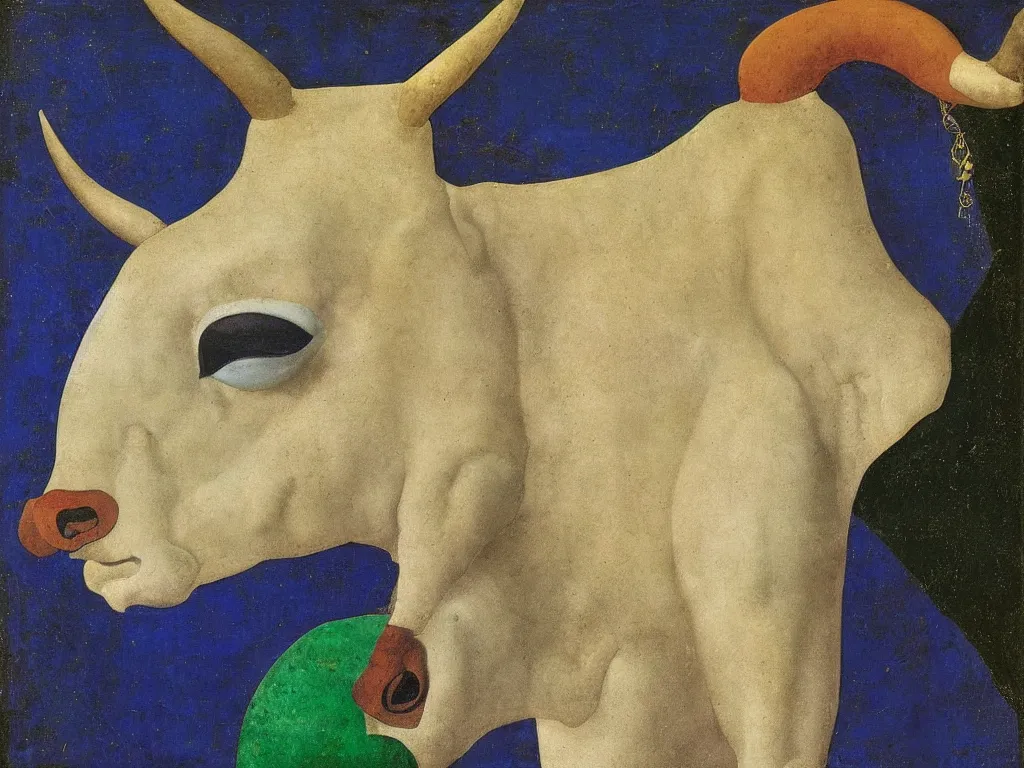 Prompt: portrait of a bull head. lapis lazuli, malachite, cinnabar, gold. painting by piero della francesca, balthus, agnes pelton