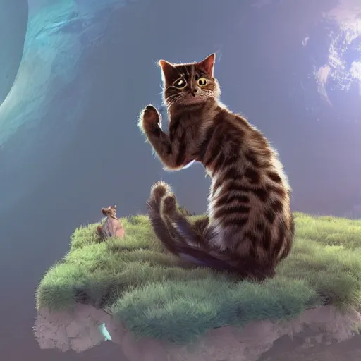 Prompt: A cat sitting down on planet earth, extra detailed, digital illustration, digital painting, Matte painting, trending on artstation and unreal engine