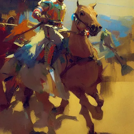 Prompt: portrait of colorful rider holding jousting lance, caparisons, chainmail, by greg manchess, bernie fuchs, ruan jia, walter everett