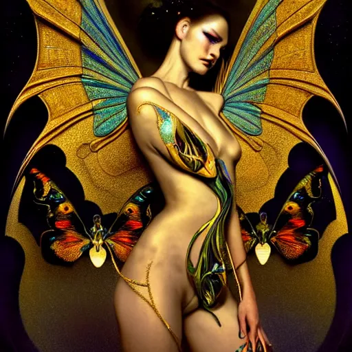 Prompt: extremely psychedelic beautiful cyborg queen of lsd infected by night. intricate, elegant, highly detailed, extremely lifelike photorealistic digital painting, artstation. steichen, gaston bussiere, tom bagshaw, cyberpunk alphonse mucha. elegant minimalism. anatomically correct. sultry murderous rage. sharp focus. gold and black butterfly wings. lifelike