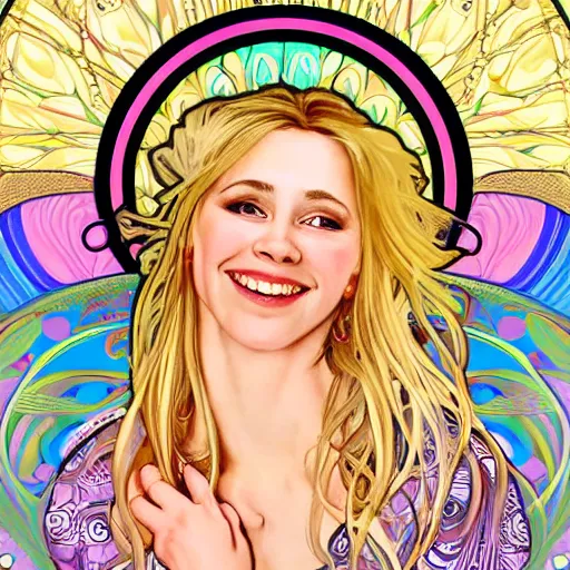 Image similar to realistic portrait of a blonde, happy, laughing, beautiful, danish scrum master. she is looking a you with loving, calm eyes. the background is colorful and inspired by alphonse mucha. hd