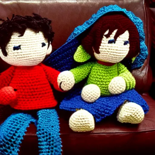 Image similar to Frodo and Balrog sitting on a couch, crochet