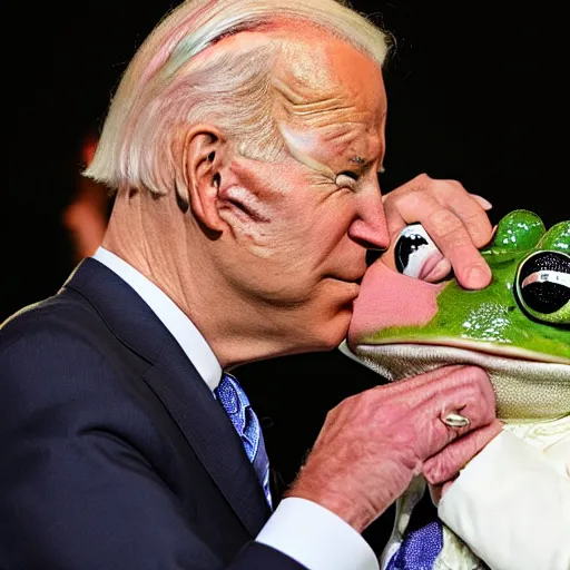 Image similar to joe biden kissing a frog as it turns into a princess