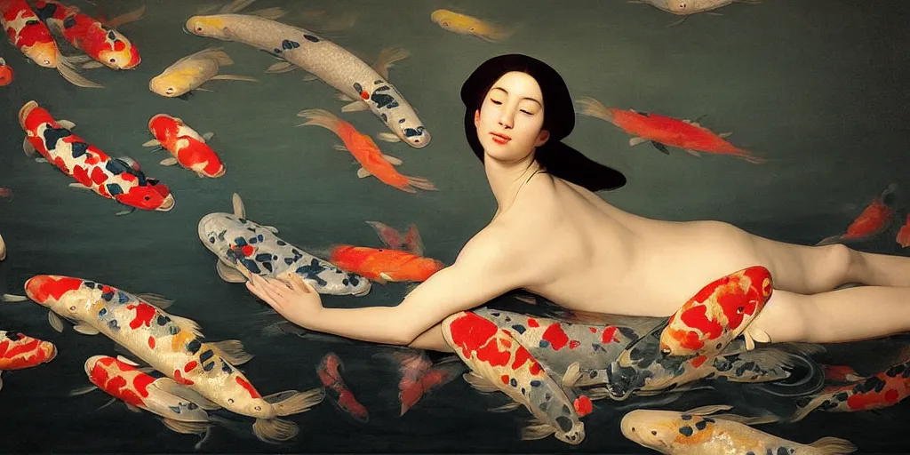 Image similar to beautiful oil matte portrait painting, woman surrounded by multiple koi fishes, wonderful masterpiece highly detailed, beautiful cinematic light deep focus, elegant, digital painting, smooth, sharp focus, golden ratio, dramatic illumination, ultra realistic, 8 k, art by artemisia lomi gentileschi and caravaggio