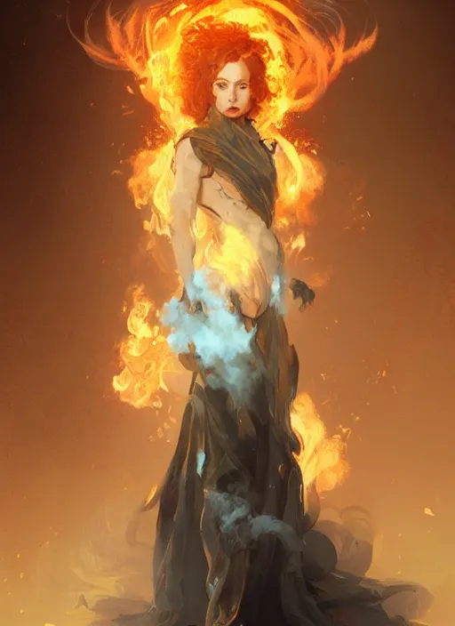 Image similar to a woman made of fire and smoke, full body view, beautiful high quality realistic fantasy art, trending on artstation by artgerm and greg rutkowski and alphonse mucha