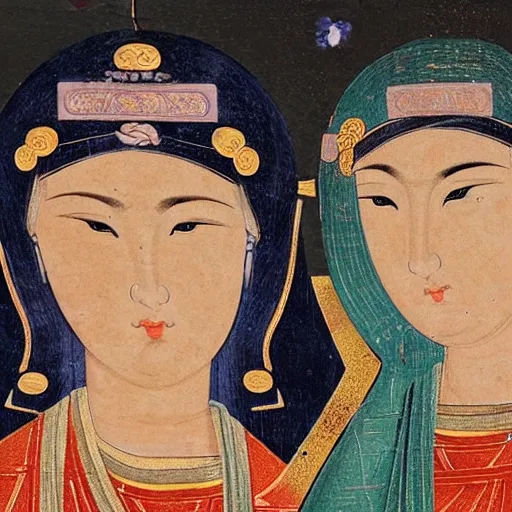 Image similar to portrait of 2 different asian looking girls close up looking at each other in iconography style theophanes the greek glitter chinese ornament dress