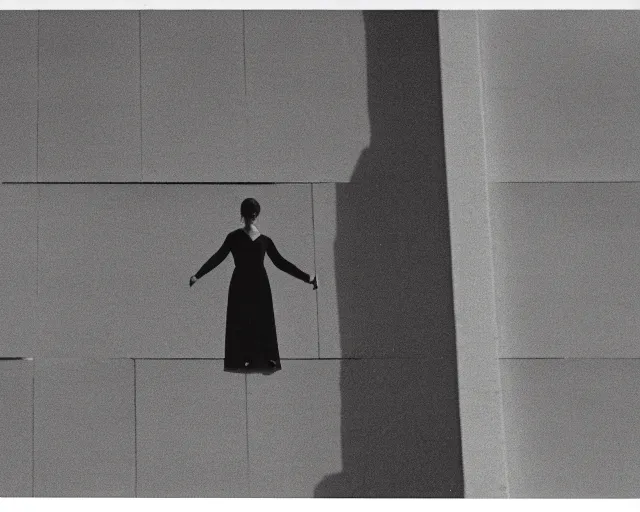 Prompt: a still of a woman standing on a huge brutalist white balcony, outside view, clear sky, minimalist composition, music video (1985)