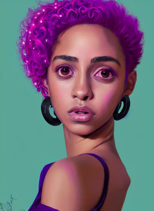 Image similar to portrait of teenage vanessa morgan with bright pink hair, black girl, curly pixie cut hair, wearing a purple breton cap, breton cap, hoop earrings, intricate, elegant, glowing lights, highly detailed, digital painting, artstation, concept art, smooth, sharp focus, illustration, art by wlop, mars ravelo and greg rutkowski