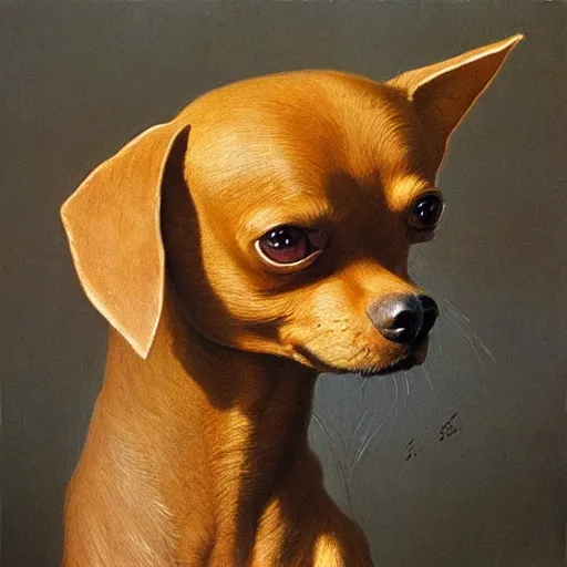 Image similar to an ominous beksinski painting of an enormous tan colored Chihuahua, snarling menacingly, 8k